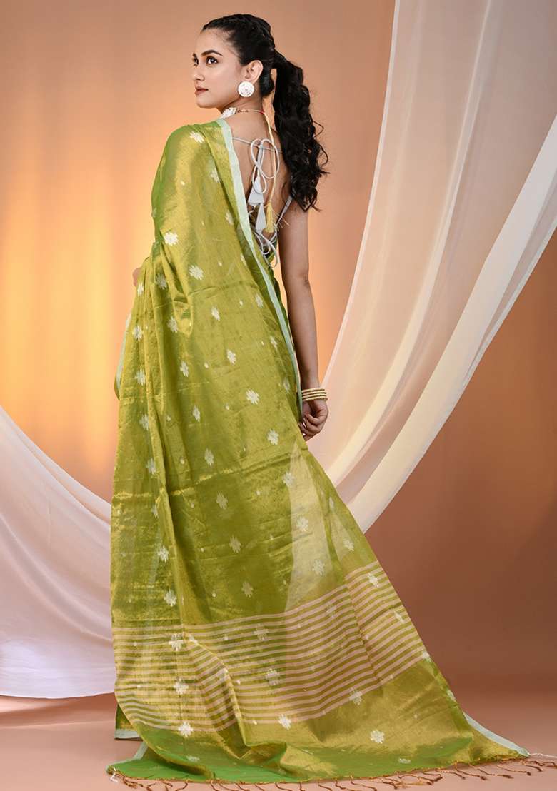 Parrot Green Floral Tissue Saree Set with Embroidery for Diwali | Wedding & Festive Wear - Indya