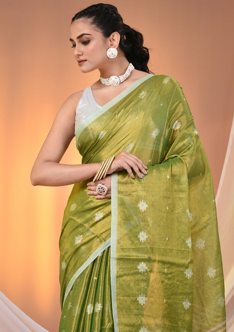 Parrot Green Floral Embroidery Tissue Saree Set - Indya