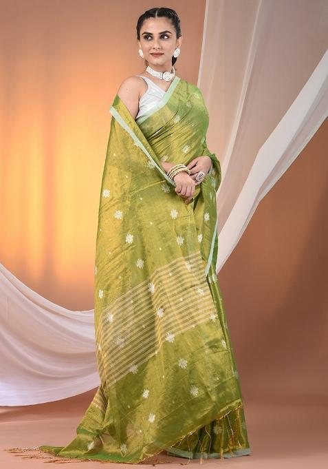 Parrot Green Floral Embroidery Tissue Saree Set