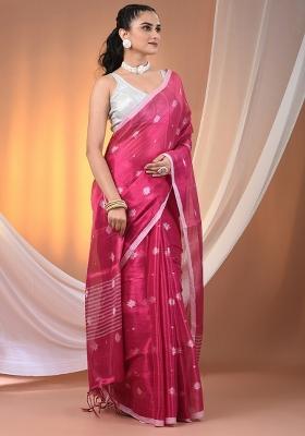 Pink Floral Embroidery Tissue Saree Set