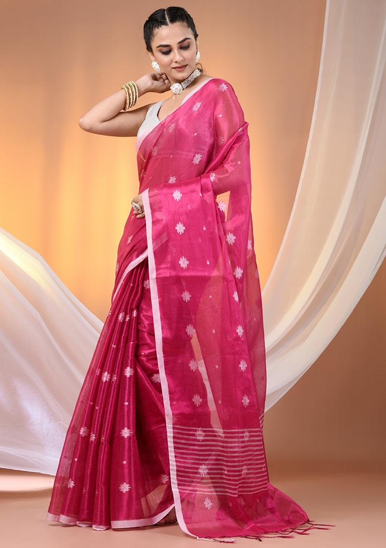 Pink Floral Embroidery Tissue Saree Set - Indya