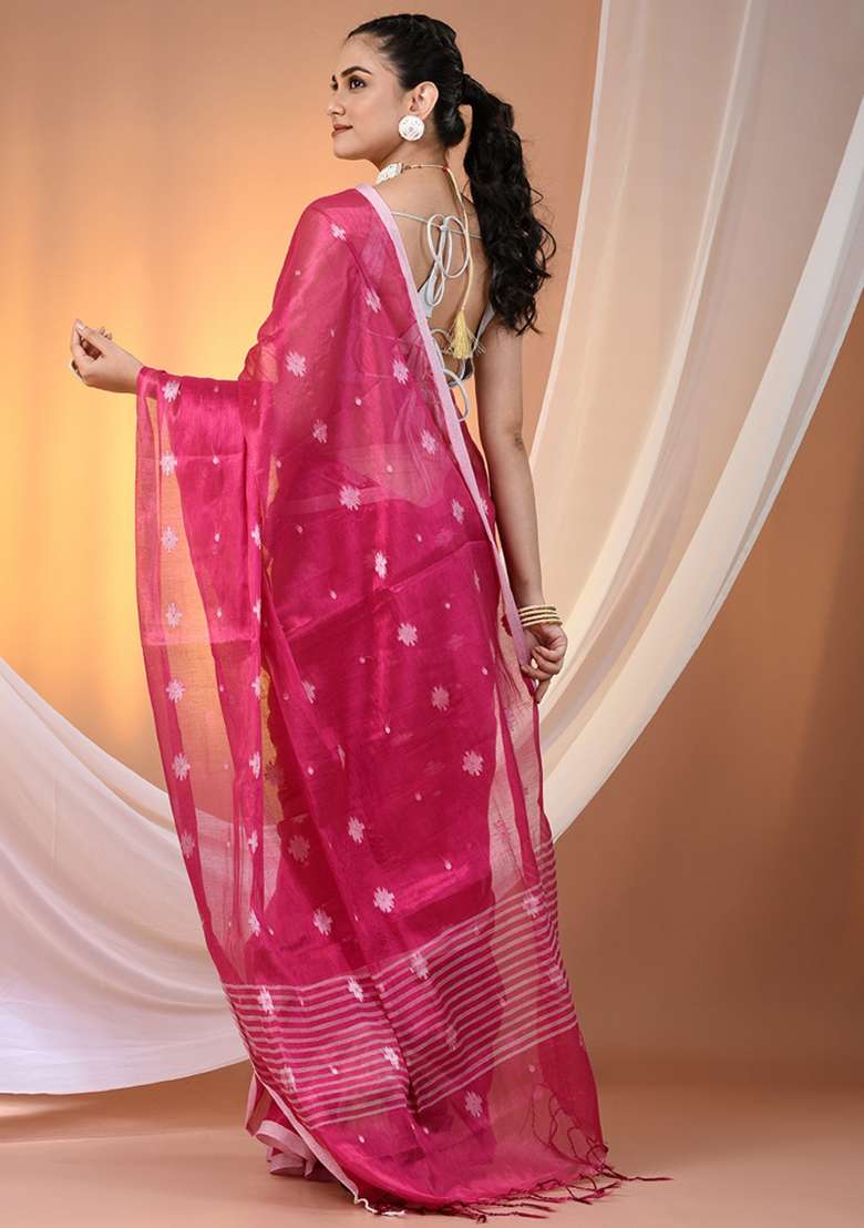 Pink Floral Embroidery Tissue Saree Set for Diwali and Festive Wear - Indya