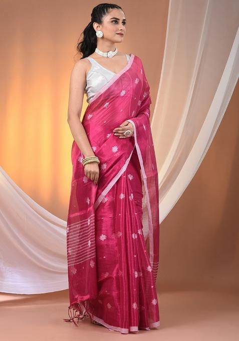 Pink Floral Embroidery Tissue Saree Set