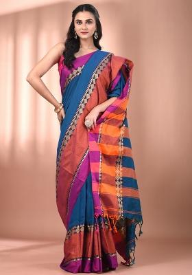 Sapphire Blue Floral Embroidery Cotton Saree Set