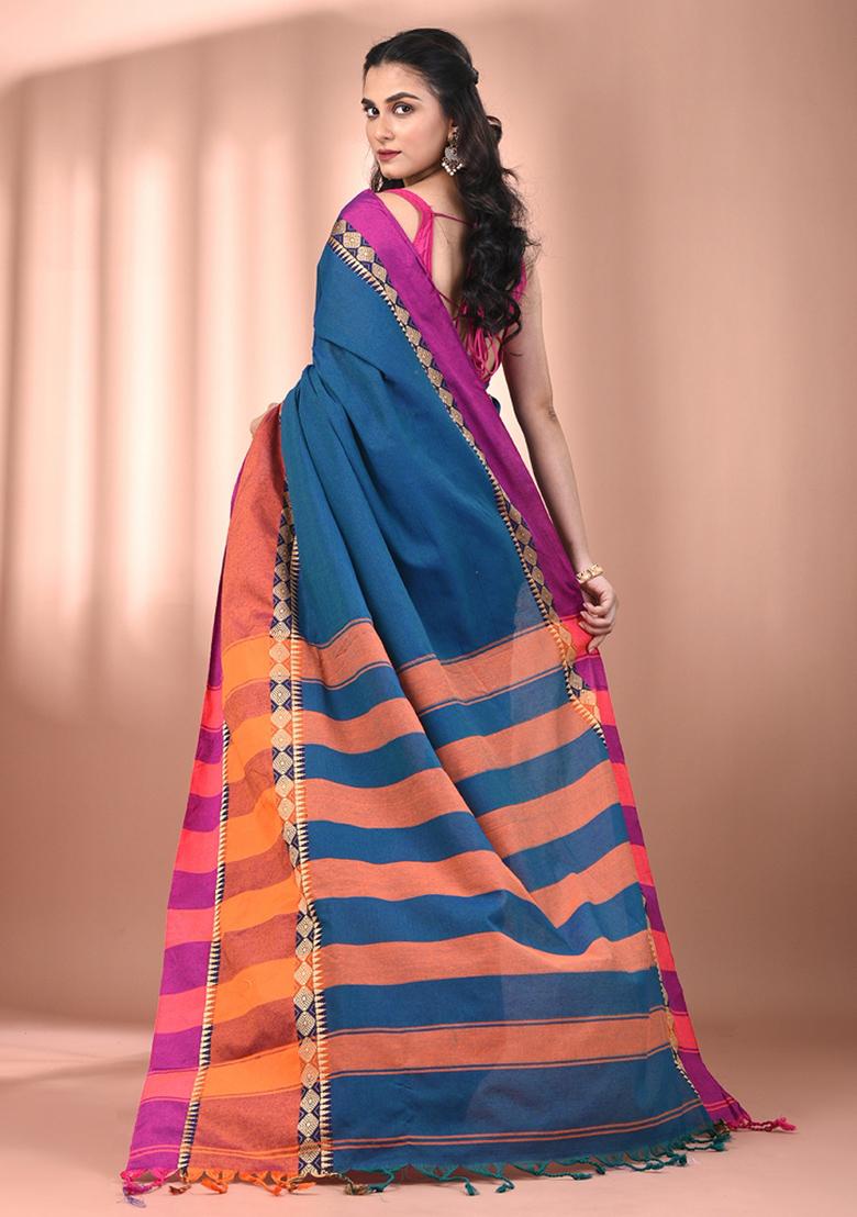 Sapphire Blue Floral Embroidery Cotton Saree Set - Indya