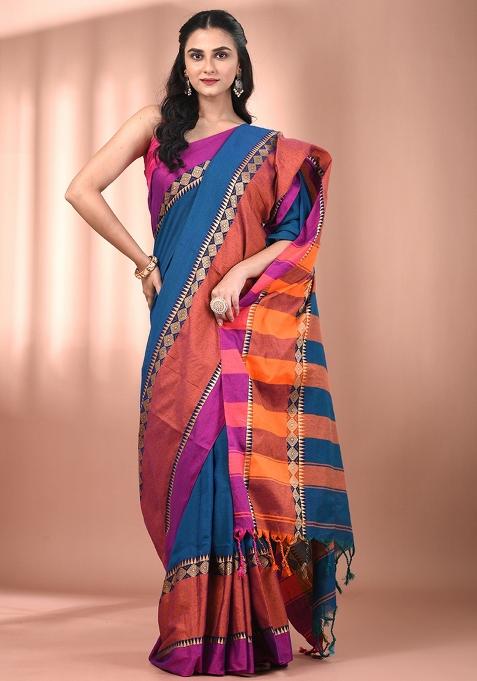 Sapphire Blue Floral Embroidery Cotton Saree Set