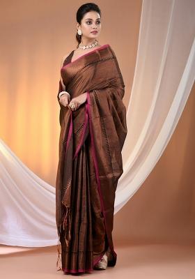 Copper And Black Floral Embroidery Tissue Saree Set