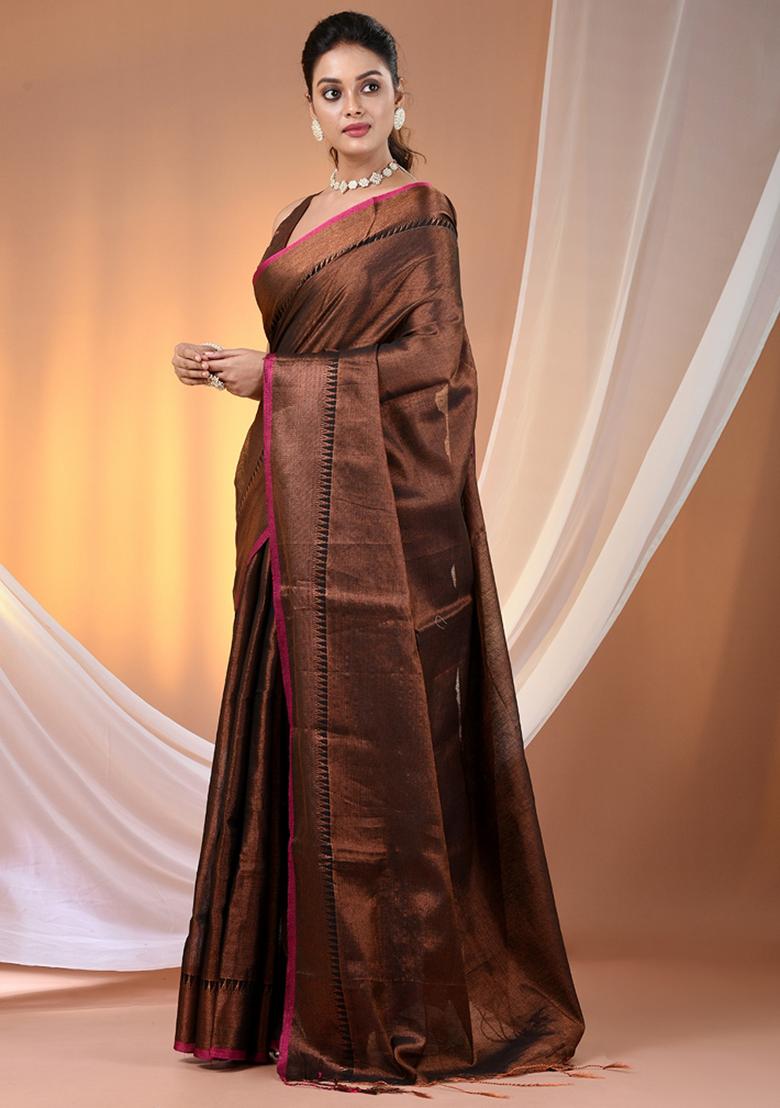 Copper And Black Floral Embroidery Tissue Saree Set - Indya
