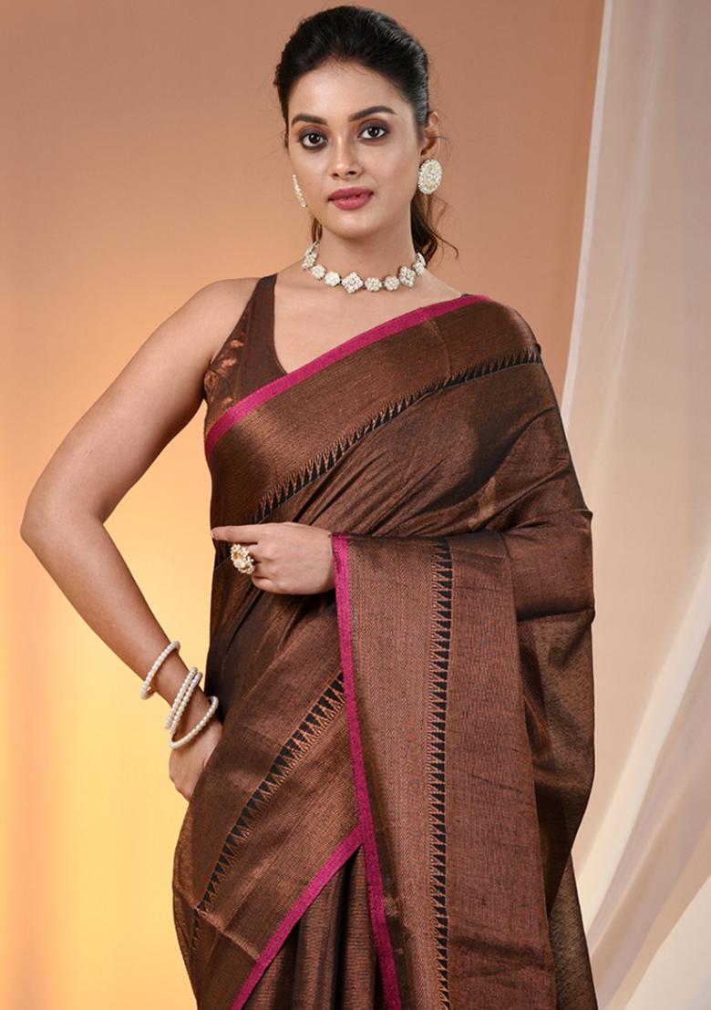 Copper And Black Floral Embroidery Tissue Saree Set - Indya