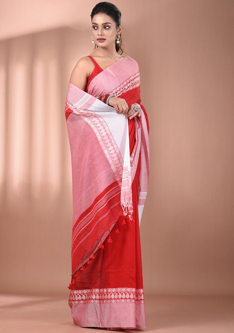 Red Floral Embroidery Cotton Saree Set - Indya