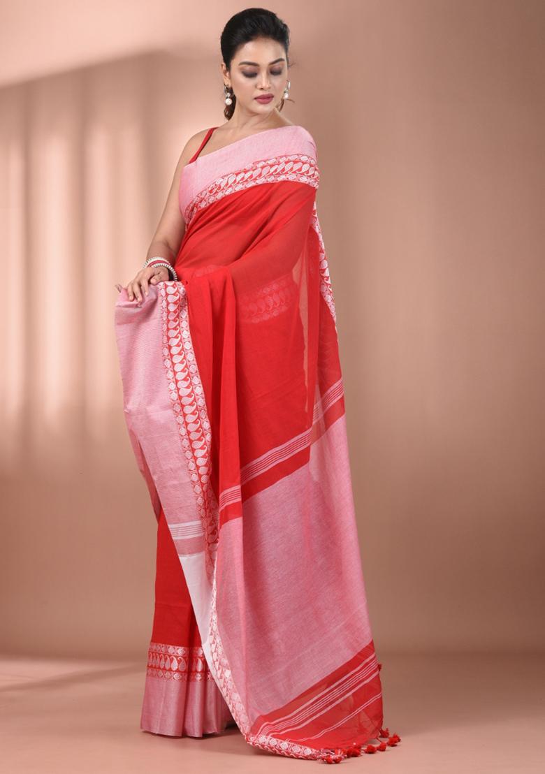 Red Floral Embroidery Cotton Saree Set