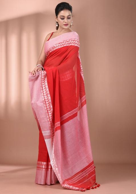 Red Floral Embroidery Cotton Saree Set