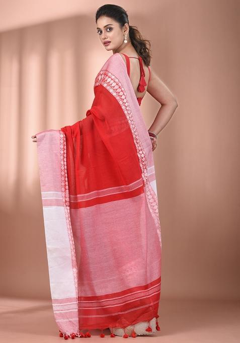 Red Floral Embroidery Cotton Saree Set