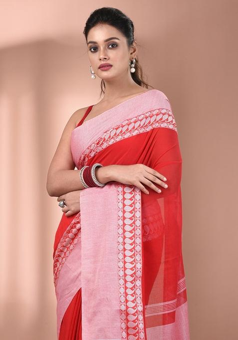 Red Floral Embroidery Cotton Saree Set