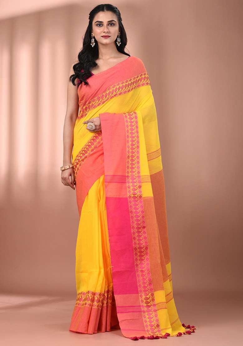 Yellow Floral Cotton Saree Set with Embroidery for Diwali | Wedding & Festive Wear - Indya