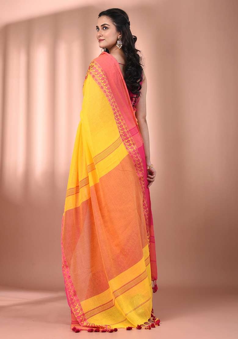 Yellow Floral Cotton Saree Set with Embroidery for Diwali | Wedding & Festive Wear - Indya