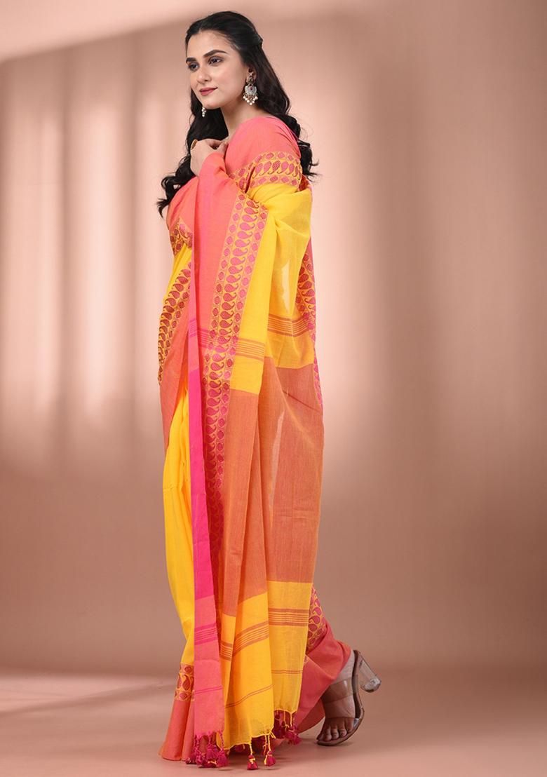 Yellow Floral Embroidery Cotton Saree Set - Indya