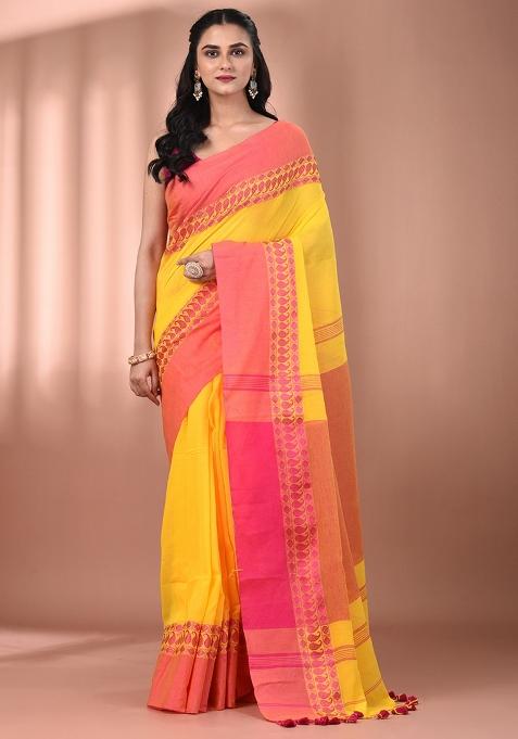 Yellow Floral Embroidery Cotton Saree Set