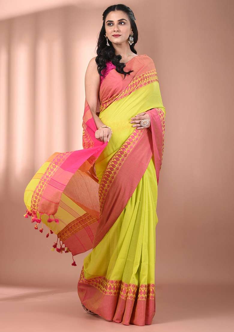 Lime Green Floral Cotton Saree Set with Embroidery for Diwali | Wedding & Festive Wear - Indya
