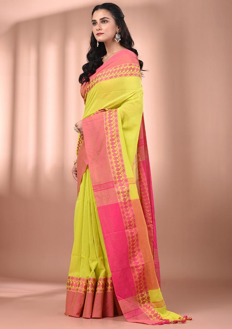 Lime Green Floral Embroidery Cotton Saree Set - Indya
