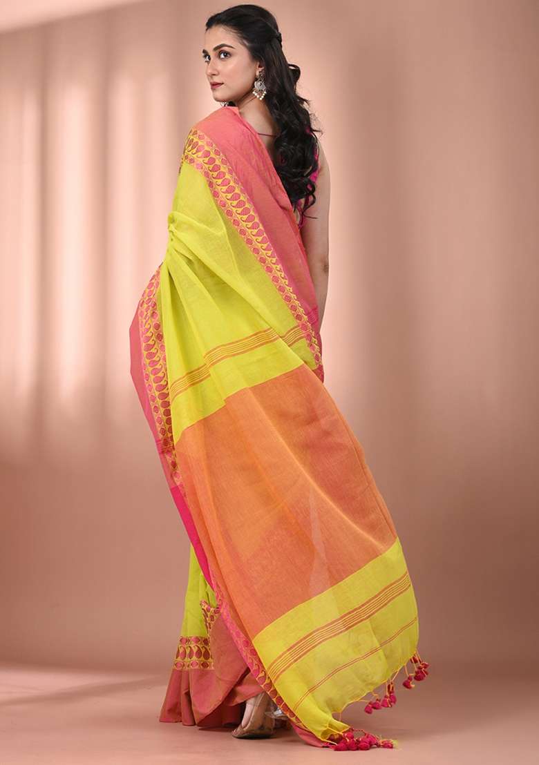 Lime Green Floral Cotton Saree Set with Embroidery for Diwali | Wedding & Festive Wear - Indya