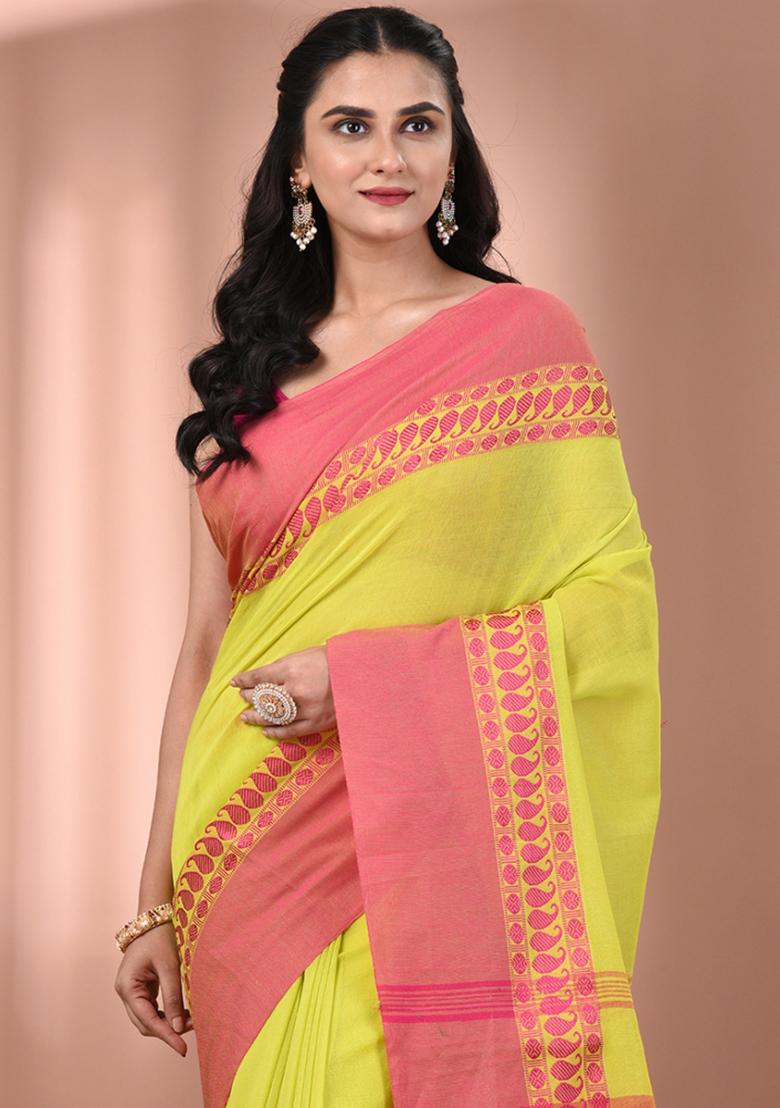Lime Green Floral Embroidery Cotton Saree Set - Indya