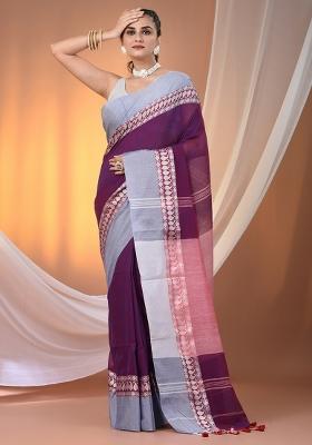 Purple Floral Embroidery Cotton Saree Set