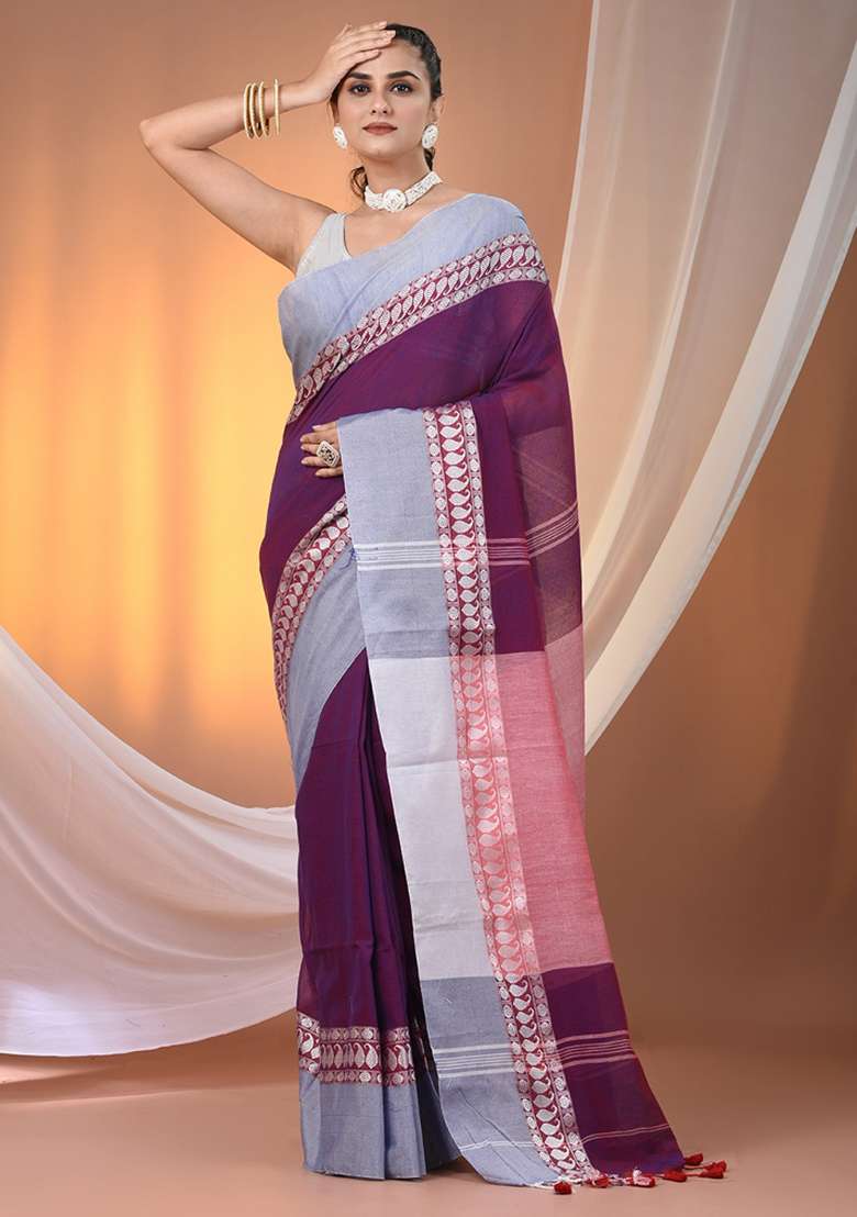 Purple Floral Embroidery Cotton Saree Set for Diwali and Festive Wear - Indya