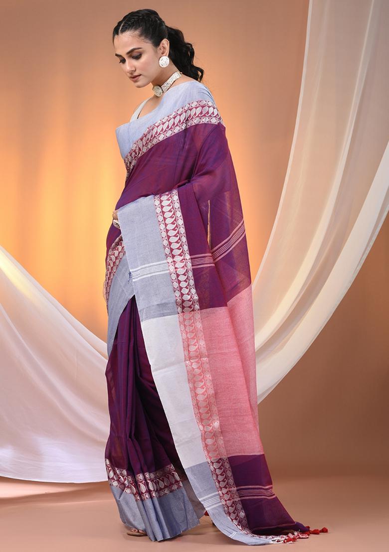 Purple Floral Embroidery Cotton Saree Set - Indya