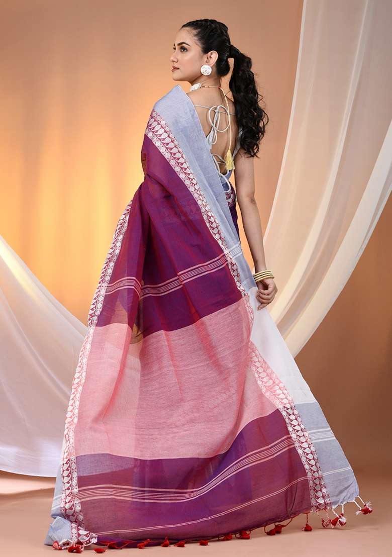 Purple Floral Embroidery Cotton Saree Set for Diwali and Festive Wear - Indya