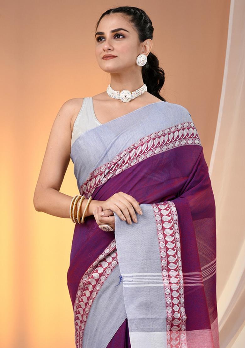 Purple Floral Embroidery Cotton Saree Set - Indya
