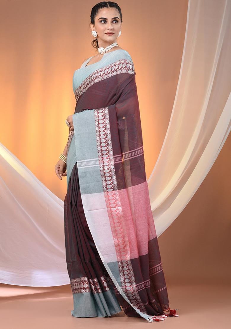 Maroon And Teal Floral Embroidery Cotton Saree Set - Indya