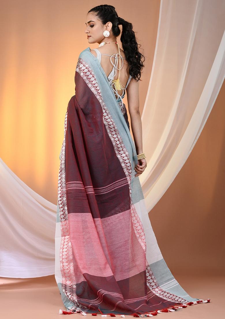 Maroon And Teal Floral Embroidery Cotton Saree Set