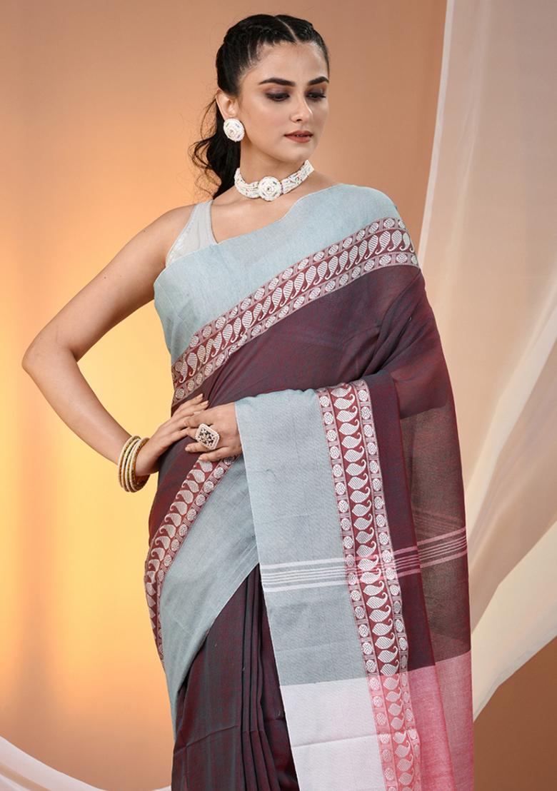 Maroon And Teal Floral Embroidery Cotton Saree Set - Indya