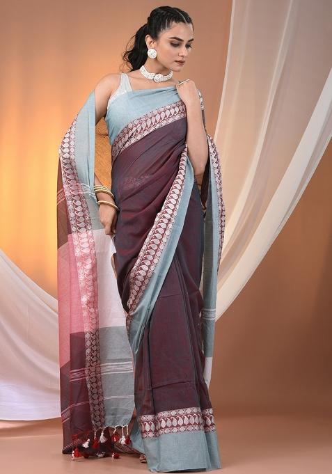 Maroon And Teal Floral Embroidery Cotton Saree Set