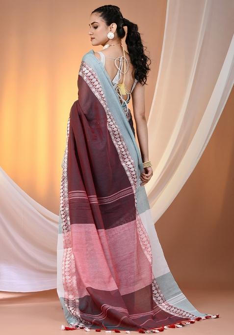 Maroon And Teal Floral Embroidery Cotton Saree Set