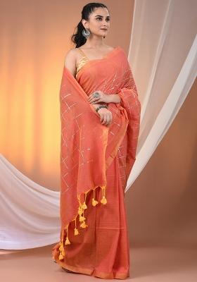 Peach Floral Embroidery Cotton Saree Set