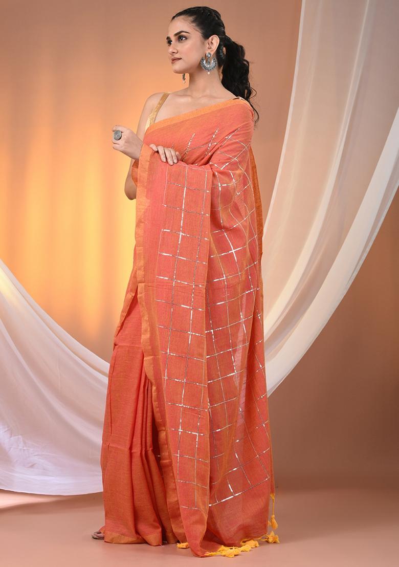 Peach Floral Embroidery Cotton Saree Set - Indya