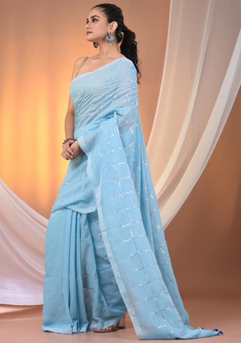 Sky Blue Floral Embroidery Cotton Saree Set - Indya
