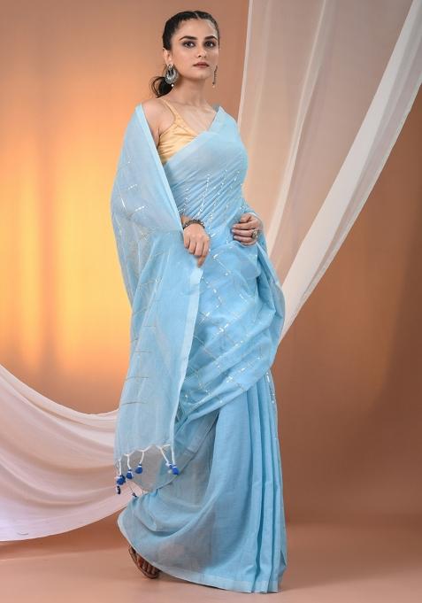 Sky Blue Floral Embroidery Cotton Saree Set