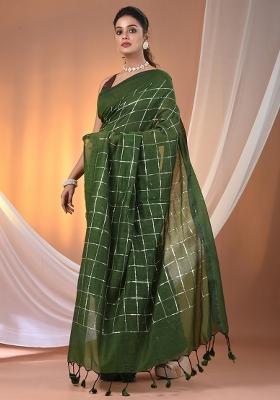 Green Floral Embroidery Cotton Saree Set