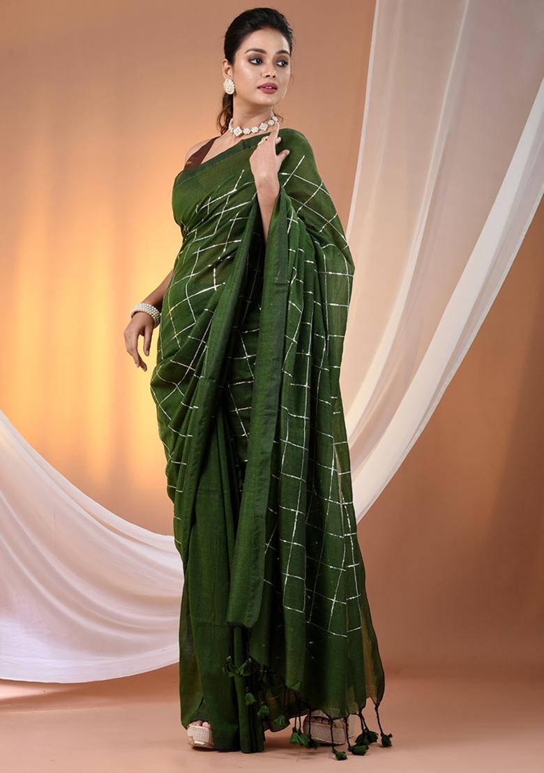 Green Floral Embroidery Cotton Saree Set - Indya
