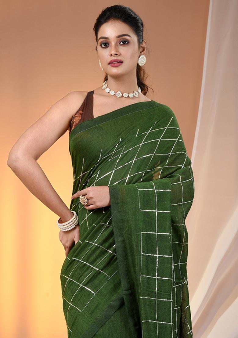 Green Floral Embroidery Cotton Saree Set - Indya