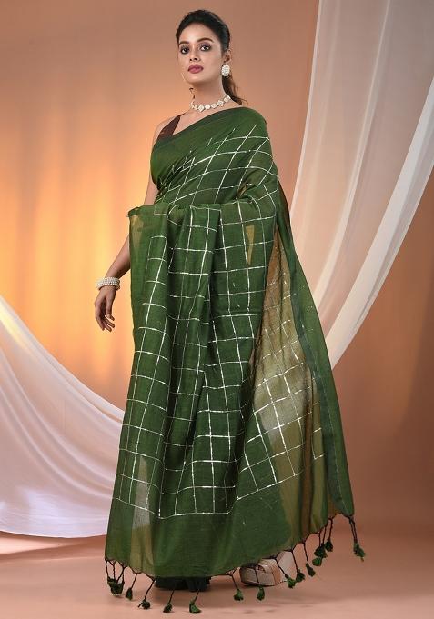 Green Floral Embroidery Cotton Saree Set