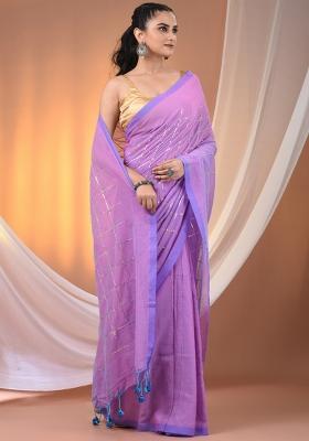 Violet Floral Embroidery Cotton Saree Set