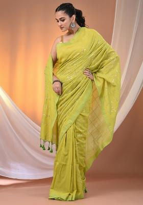 Parrot Green Floral Embroidery Cotton Saree Set