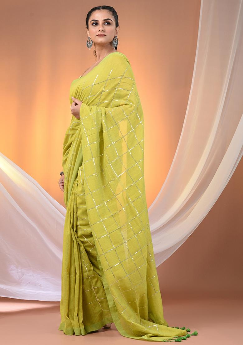 Parrot Green Floral Embroidery Cotton Saree Set - Indya