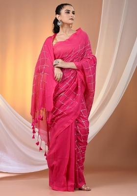 Pink Floral Embroidery Cotton Saree Set