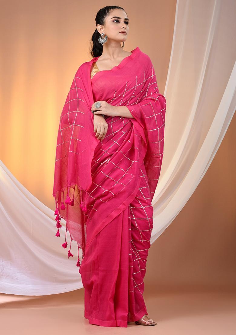 Pink Floral Embroidery Cotton Saree Set - Indya