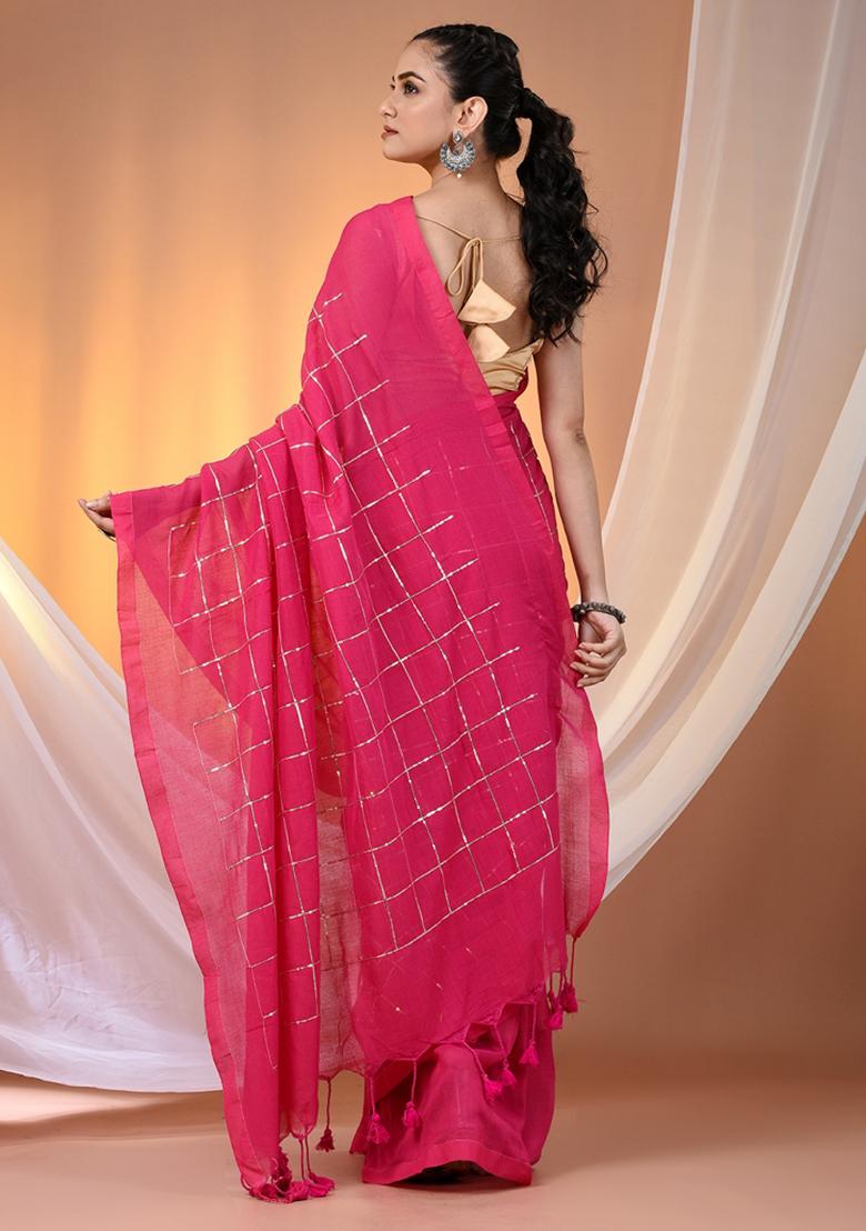 Pink Floral Embroidery Cotton Saree Set - Indya